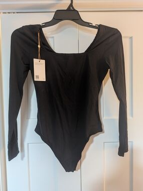 NWT QUINCE Second Skin Square Neck Long Sleeve Bodysuit Black Thong Size Medium